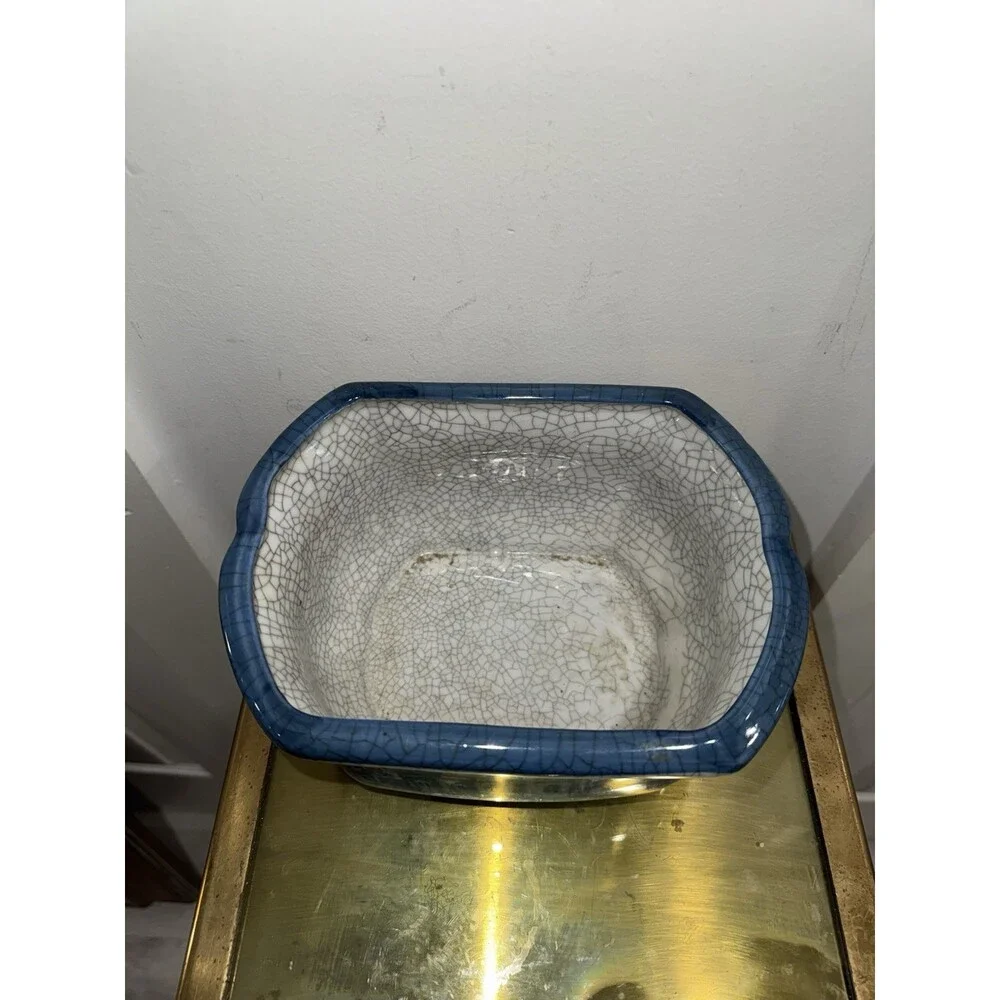 Vintage Blue & White Crackle Glaze Cachepot Planter Bowl